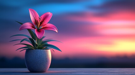 Poster - Pink Lily Sunset Flower Pot