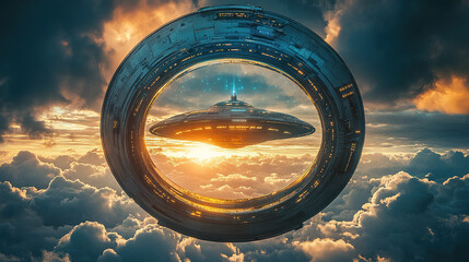 Poster - Mysterious ufo arrival above the clouds digital art surreal atmosphere wide angle sci-fi concept
