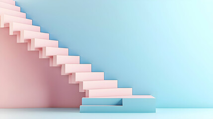 Poster - Pink Staircase With Blue Podium Ascending Against A Pastel Blue Wall in a Minimalist 3D Rendered Interior Space