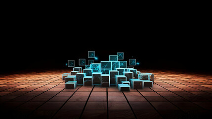 Poster - Abstract composition of glowing blue cubes with dark backdrop and orange tiled ground