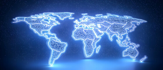 Poster - Glowing Blue World Map Against Dark Blue Background With White Specks Resembling Stars