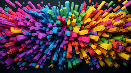 Poster - Abstract 3D Render of Colorful Pixel Cubes Forming A Geometric Design Against Dark Background