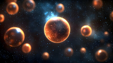 Poster - Orange Spheres Illuminate Against Starry Dark Space Background Abstract Cosmic Digital Illustration