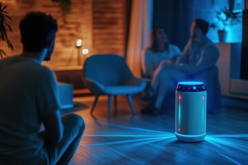 Aufkleber - Smart home assistant engages with family members in a cozy living room during evening hours