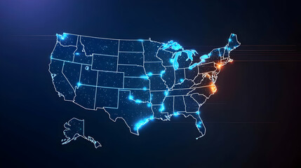 Poster - Illuminated Blue USA Map Highlighting Specific Region with Glowing Lines on Dark Background