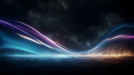 Poster - Abstract Digital Artwork Depicting Flowing Light Waves Over Dark Landscape with Blue Purple and Orange Hues