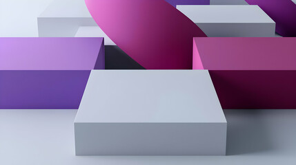Poster - 3D Render of Geometric Shapes Featuring Purple Pink and White Cubes in a Modern Abstract Composition with Empty Space for Product Placement or Text
