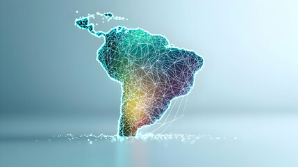 Poster - Abstract Map Of South America Illuminated In Blue Green And Yellow With Connected Dots Against Soft Background