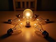 © Leonardo - Una bombilla solitaria encendida sobre un escritorio de madera rodeada de bombillas apagadas, que simbolizan ideas nuevas y avances creativos