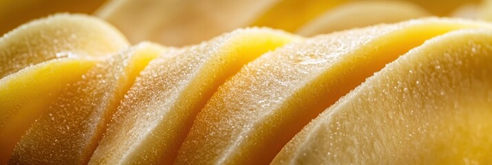 Poster - Close up macro view of sliced banana halves revealing intricate texture and soft hues against a blurred background for artistic appreciation