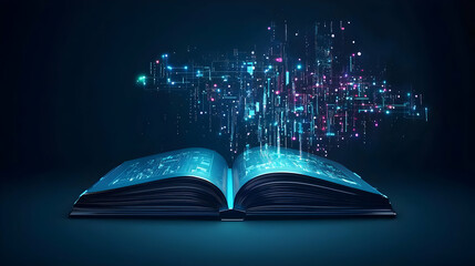 Poster - Open Book With Glowing Blue And Pink Digital Data Stream Emerging On Dark Background