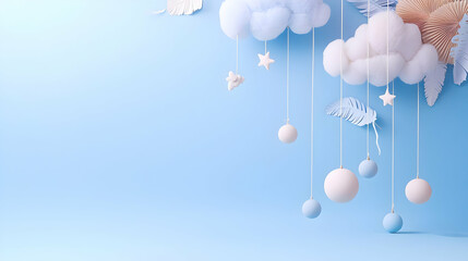 Poster - Soft Blue Background Featuring Clouds Stars and Hanging Spheres Minimalist Decoration for Nursery or Childrens Room