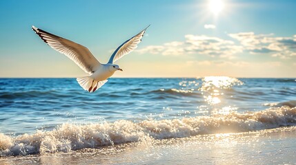 Poster - Seagull Flying Over Ocean Waves Sunny Day