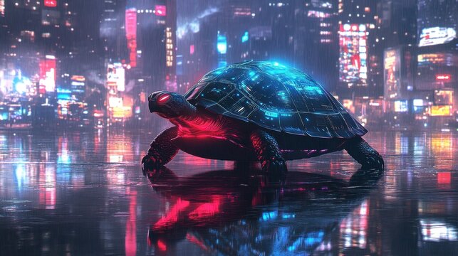 Cyberpunk Turtle in Neon City Rain