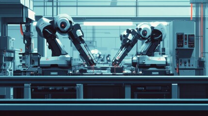 Aufkleber - Automated factory featuring robotic machines with AI managing production in a modern industrial setting