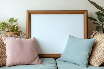 Poster - Blank canvas in wooden frame displayed in a cozy modern minimal living room with soft pillows and plants