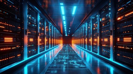 Poster - Neon-lit Server Room: A Digital Corridor of Data