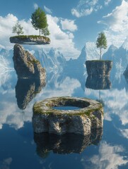 Poster - Floating islands connected by portals explore different virtual worlds in a serene landscape with mountains and clear skies