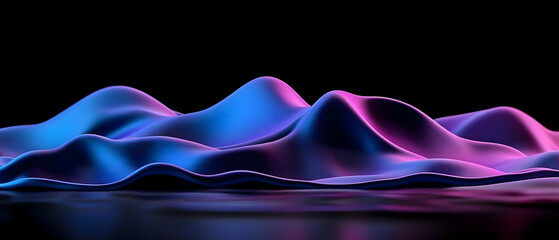 Poster - 3D Rendered Abstract Landscape With Neon Pink And Blue Gradient Peaks On Dark Background With Reflective Surface
