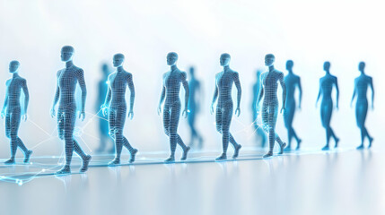 Poster - Digitally Enhanced Figures Walking in Formation Representing Technological Advancement and Connectivity in Bright Blue Environment