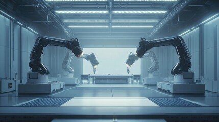 Fototapete - Automated factory showcasing robotic machines and AI driven production control in a modern industrial environment