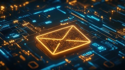 Poster - Digital Communication:  Email Icon on Futuristic Circuit Board