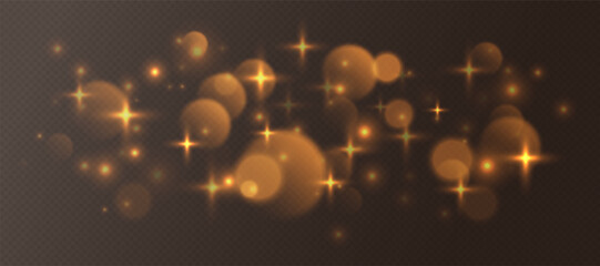 Wall Mural - golden bokeh with stars and sparkles, shiny overlay decoration isolated on grey background. vector i
