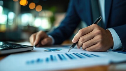Poster - businessman analyzing financial data, graphs, charts, and reports