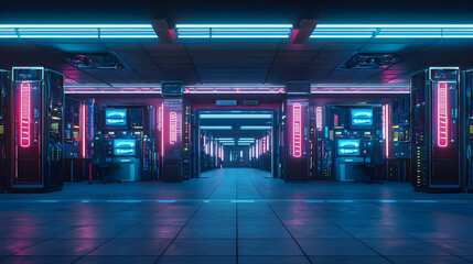 Poster - Futuristic Server Room Interior Illuminated With Blue And Pink Neon Lights In Modern Digital Data Center