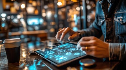 Poster - Modern Man Using Futuristic Tablet in Cafe