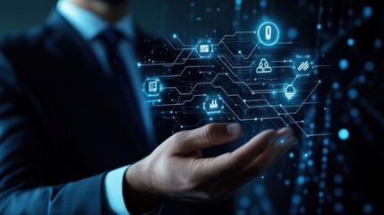 Poster - Digital Transformation: Businessman Holding a Network of  Innovation Icons