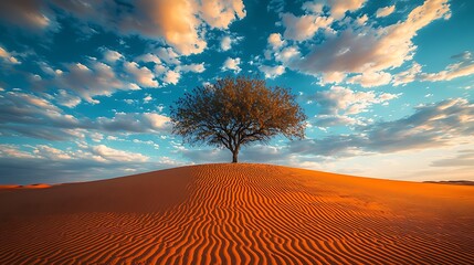 Poster - Solitary Tree on Sand Dune under Vibrant Sky