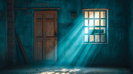Poster - Sunbeams in a Dark Room with Wooden Door