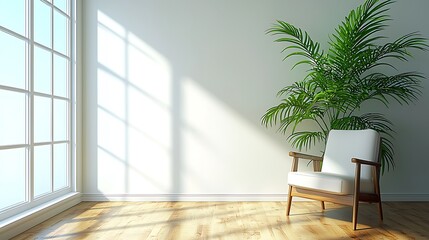 Poster - Sunlight in Minimalist Room with Armchair and Palm Plant