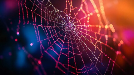 Morning Dew on Spider Web Closeup in Nature Macro with Insect Trap Pattern