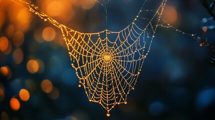 Morning Dew on Spider Web in Nature Macro Shot