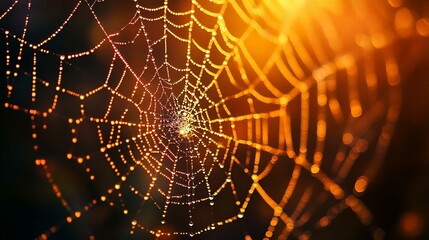 Morning Dew on Spiderweb Closeup in Nature Garden