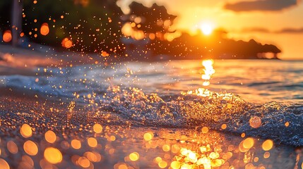 Poster - Sunset Beach Waves Sparkling Water Serenity