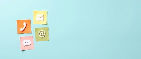 Poster - Icon representing communication types on colorful notes.