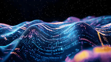 Poster - A Digital Landscape of Colorful Particle Waves Flowing in a Futuristic Cyberspace