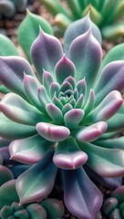 Poster - green and purple succulent flower, cactus, close-up macro view edited in cool color tones as a flora