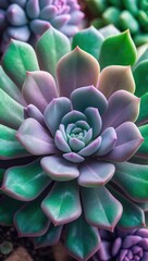 Poster - green and purple succulent flower, cactus, close-up macro view color edited in cool color tones as a