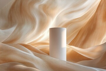 Poster - Elegant backdrop of flowing beige fabric with cylindrical pedestal for product display