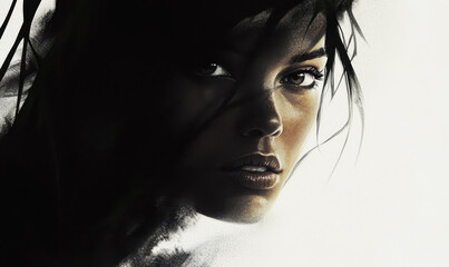 Poster - Intense Portrait of a Young Woman with Dark Hair and Captivating Eyes, Set Against a Soft Gradient Background
