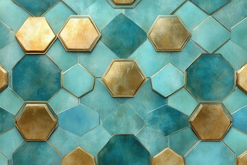 Poster - Geometric Pattern with Textured Blue Tiles and Golden Accents Creates a Stunning Design