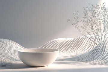 Poster - Minimalist zen-like bowl display against abstract waves and delicate floral branches