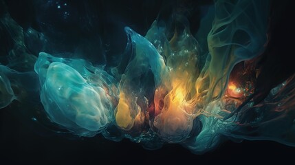 Poster - Abstract ethereal forms mingle in a dance of light and color against a dark canvas