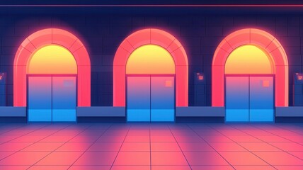 Poster - Elevator action scene modern building digital art neon lighting low angle futuristic design