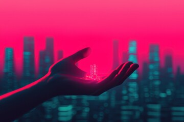 Poster - digital innovation in urban spaces hand controlling data visualizations futuristic cityscape graphic
