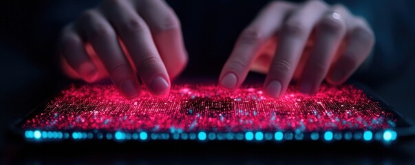 Poster - Digital interaction hands typing on a glowing device tech environment close-up view modern concept